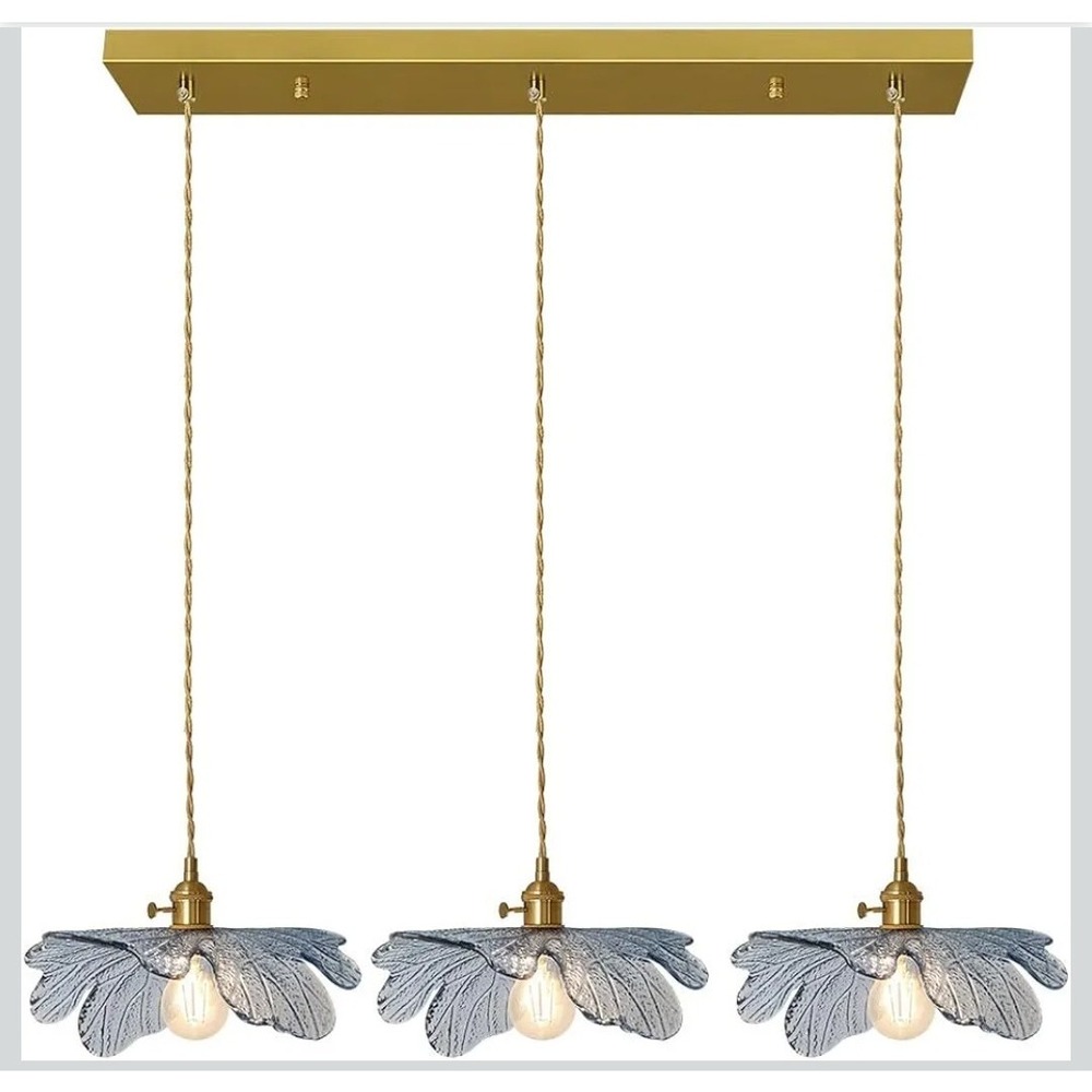 3-Light Blue Hand Blown Glass Chandelier Brass Gold Pendant Kitchen Island